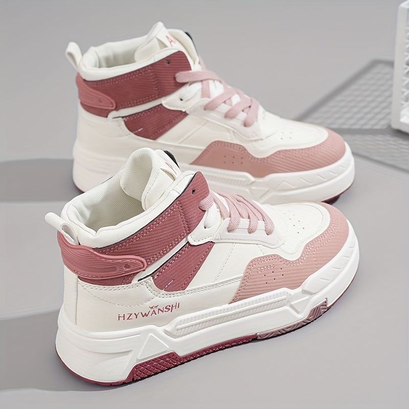 Trendy Women's High-Top Sneakers - Versatile White, Lace-Up Casual Shoes with Thick Sole, Breathable PU Cover & Comfort Fabric