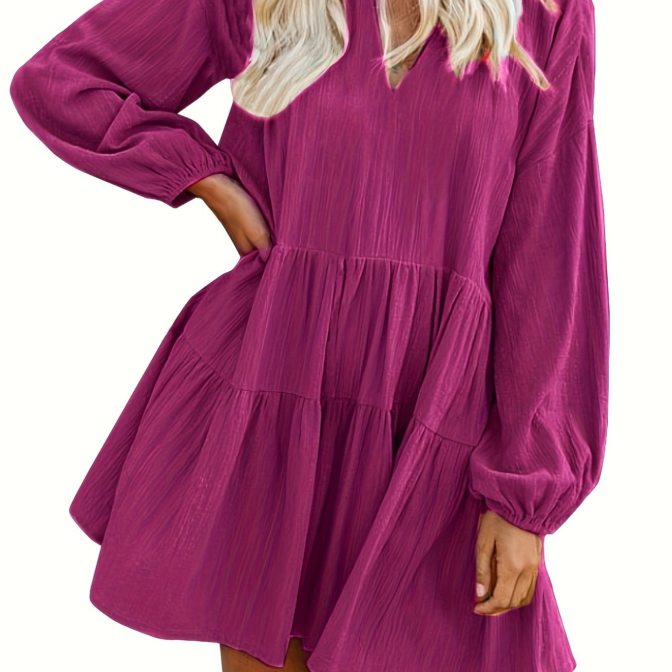 Long Sleeve Solid Color V Neck Loose Babydoll Dress, Casual Ruffle Hem For Spring & Fall, Women's Clothing