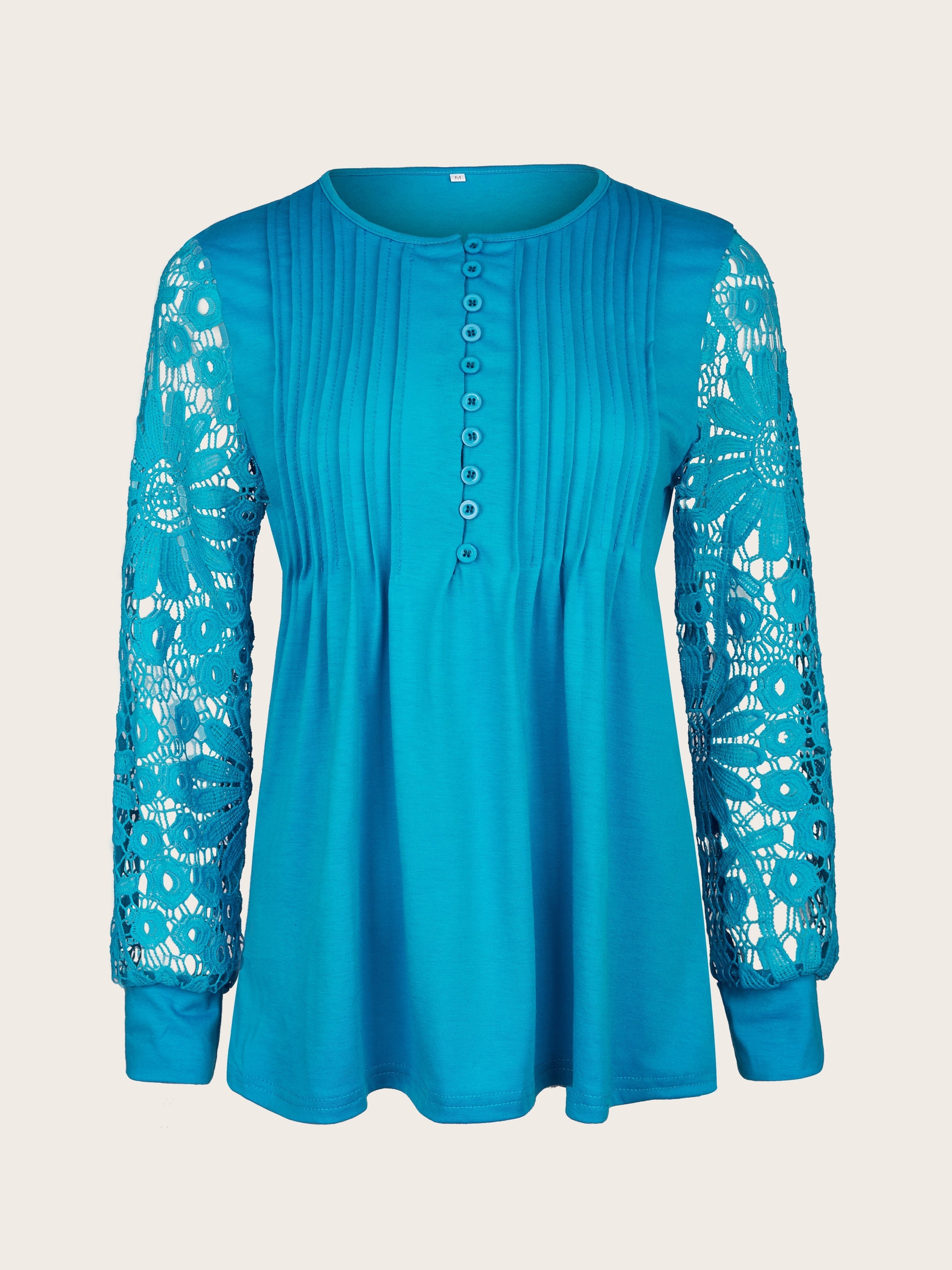 Vibrant Lace Accent Pleated Front Long Sleeve T-Shirt - Chic Button V Neck, Casual Everyday Wear, Soft Fabric, Flattering Fit, Women's Stylish Clothing for Daily Life