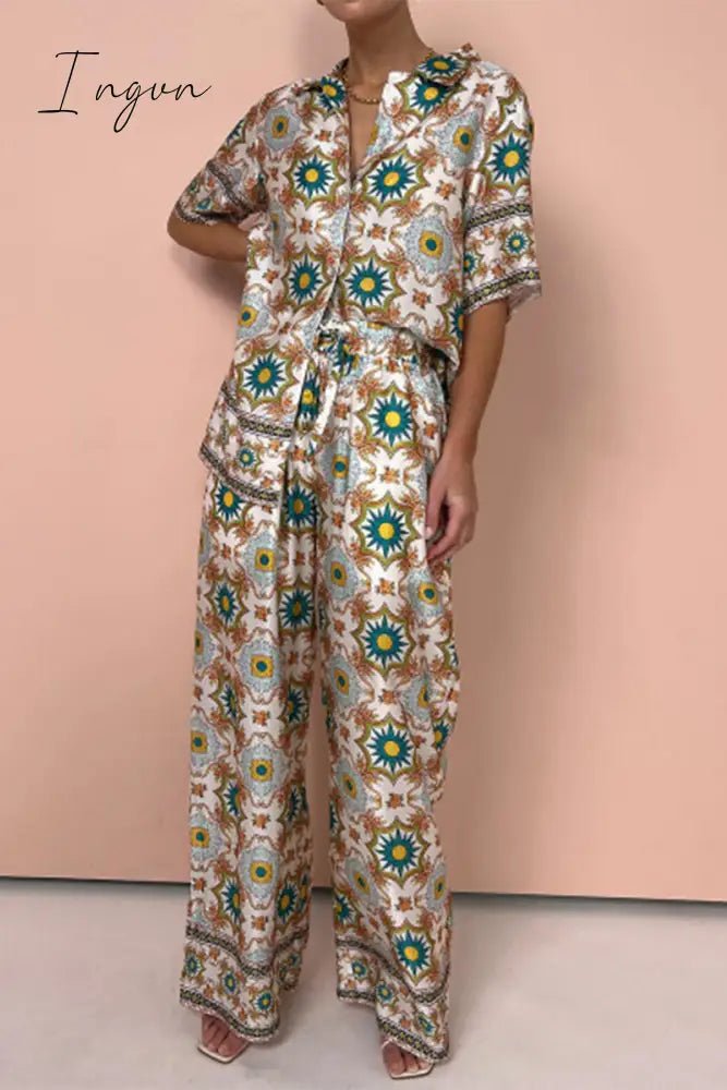 Ingvn - Casual Vintage Print Turndown Collar Short Sleeve Two Pieces