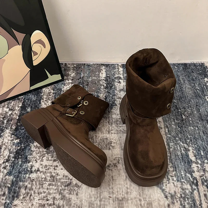 Ingvn  Vintage Spring Autumn Women Motorcycle Boots Fashion Belt Buckle Mid Calf Booties Platform Thick Heel Casual Ladies Shoes