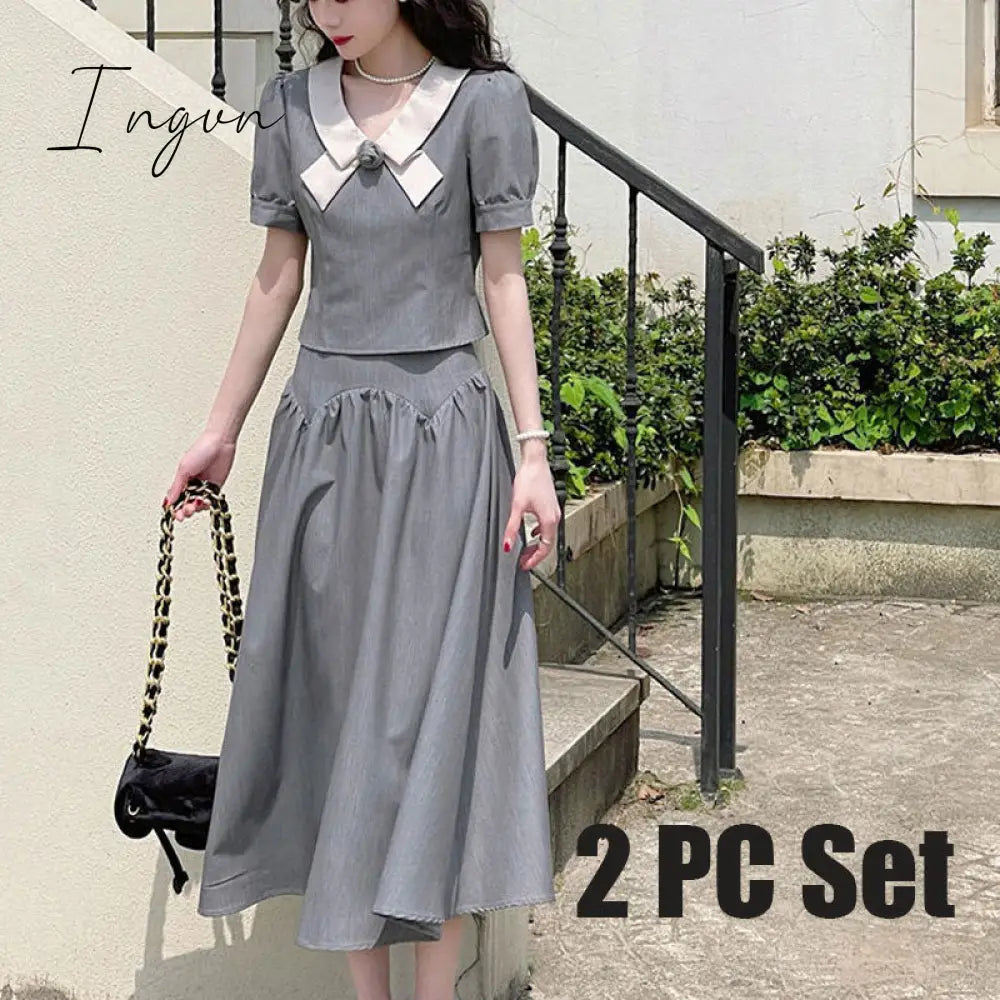 Ingvn - Summer Retro Two Piece Women Skirt Sets Sweet Outifits Puff Sleeve Crop Top+A Line Midi Skirts Korean Fashion Hepburn Dress Suit