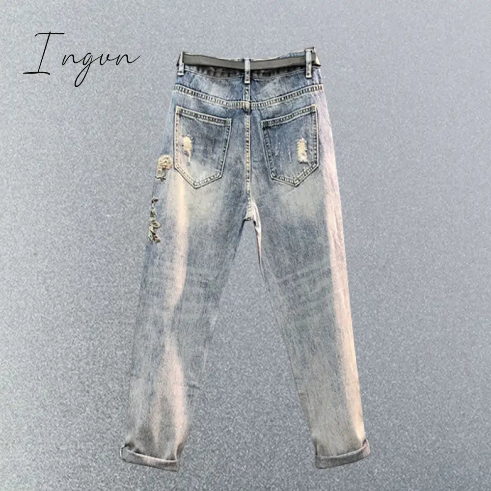 Ingvn - Embroidered High Waist Jeans Women's Summer Heavy Industry Beads Loose Slimming Holes Harem Pants Cropped Baggy Denim Pants