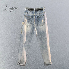 Ingvn - Embroidered High Waist Jeans Women's Summer Heavy Industry Beads Loose Slimming Holes Harem Pants Cropped Baggy Denim Pants