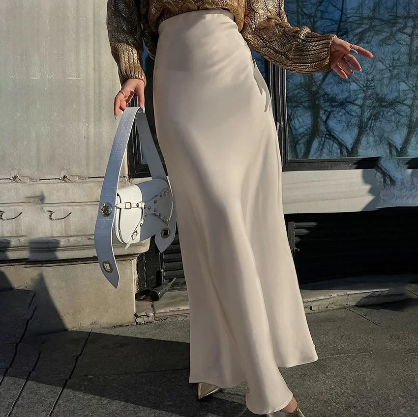 Ingvn   Women's High Waisted Solid Long Skirt Elegant Lce Silk Satin Slim Fit Skirt Fashion Office Lady Summer Long Skirt