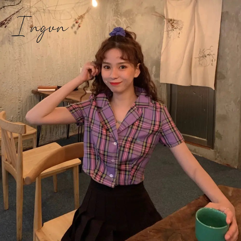 Ingvn - Summer blouse women vintage crop shirt streetwear plaid ladies tops elegant button up shirt korean crop top red
