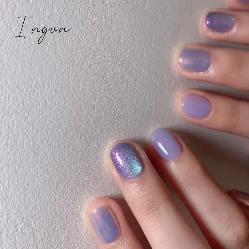 24pcs Short Glitter Purple False Nails  Almond Stiletto French Wearable Fake Nails Art Artificial Full Cover Press on Nail Tips