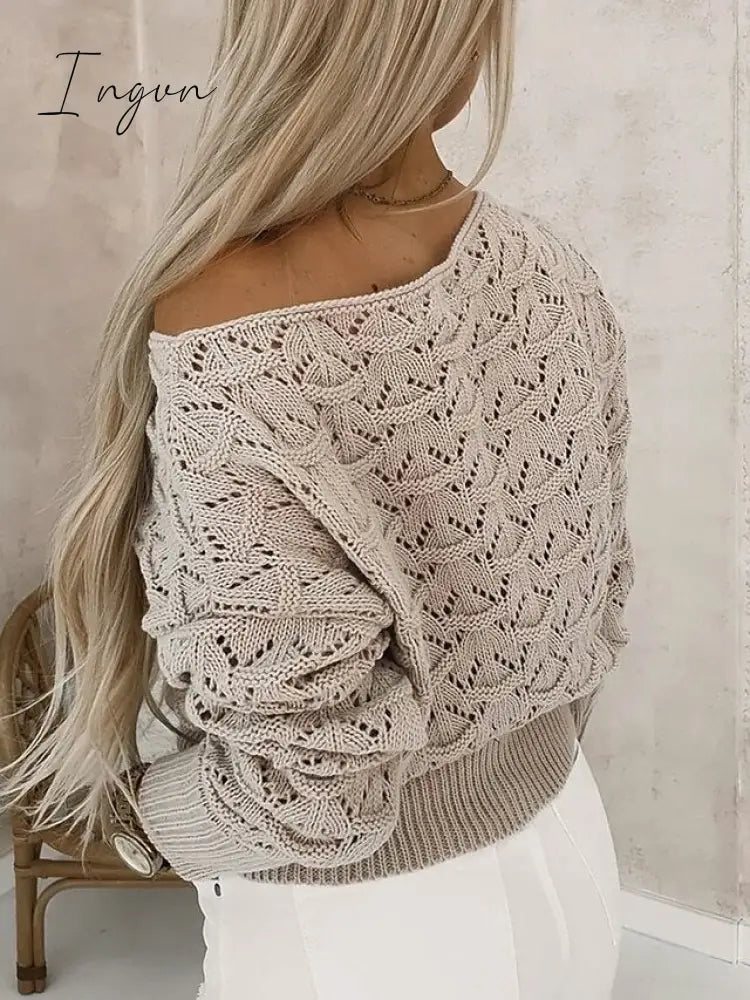 Ingvn - Women's Pullover Sweater Jumper Jumper Ribbed Knit Hollow Out Solid Color Off Shoulder Stylish Casual Outdoor Home Summer Fall Beige S M L