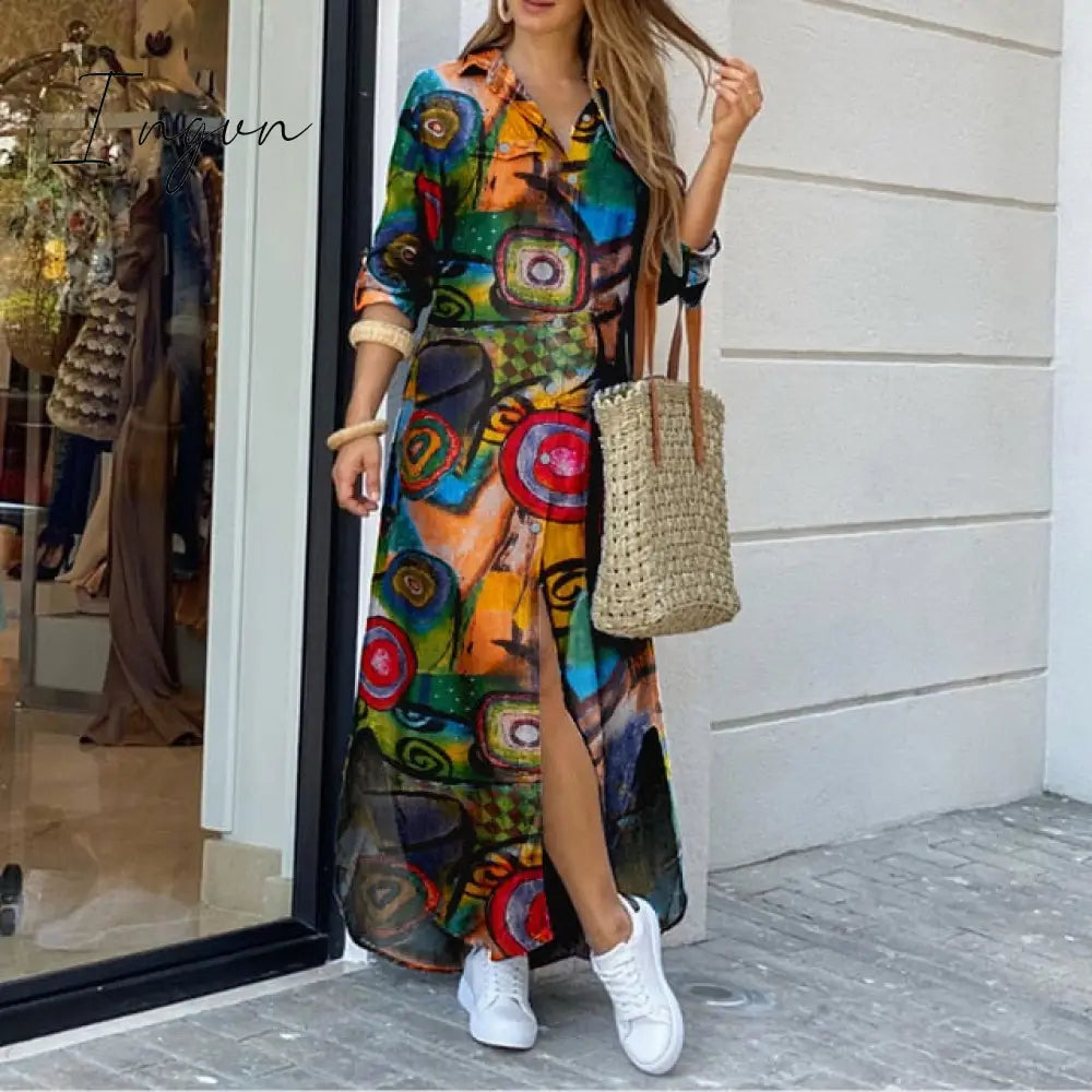 Ingvn - Long Sleeve Dress Checked Plaid Robe Maxi Beach Dress Summer Elegant Women Button Long Shirt Dress Split Print Lapel Party Robe