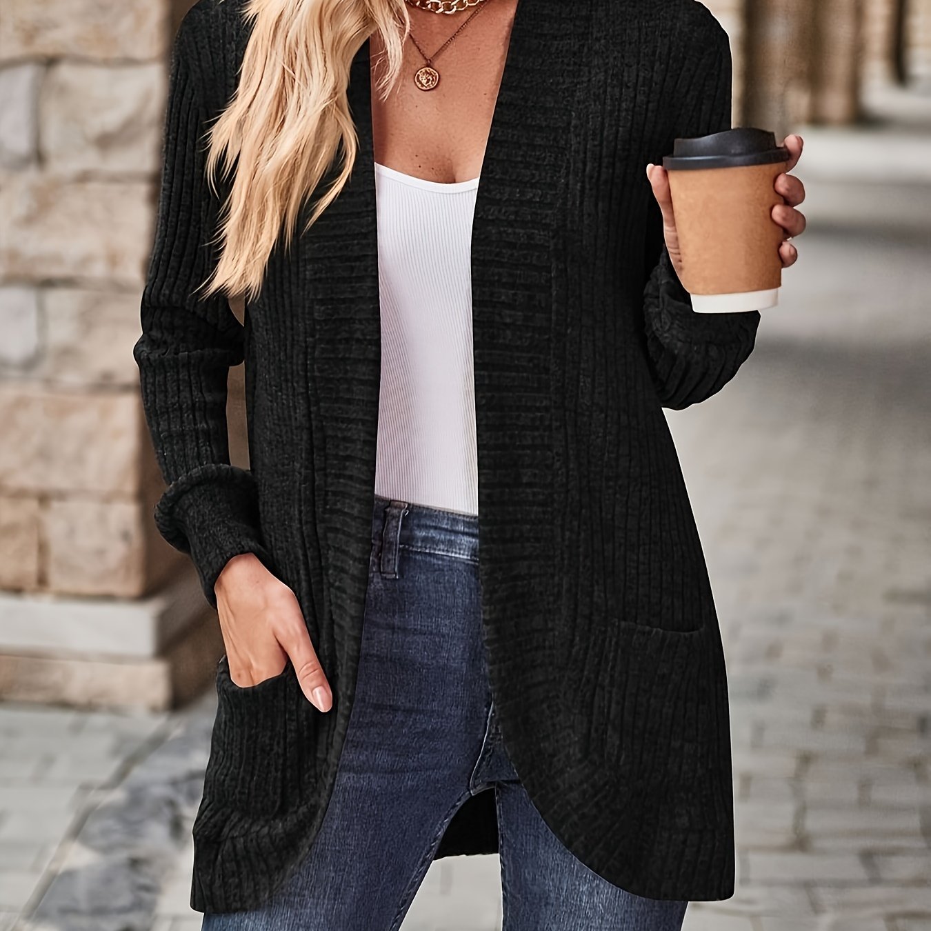 Solid Color Open Front Cardigan, Versatile Long Sleeve Pockets Cardigan For Spring & Fall, Women's Clothing