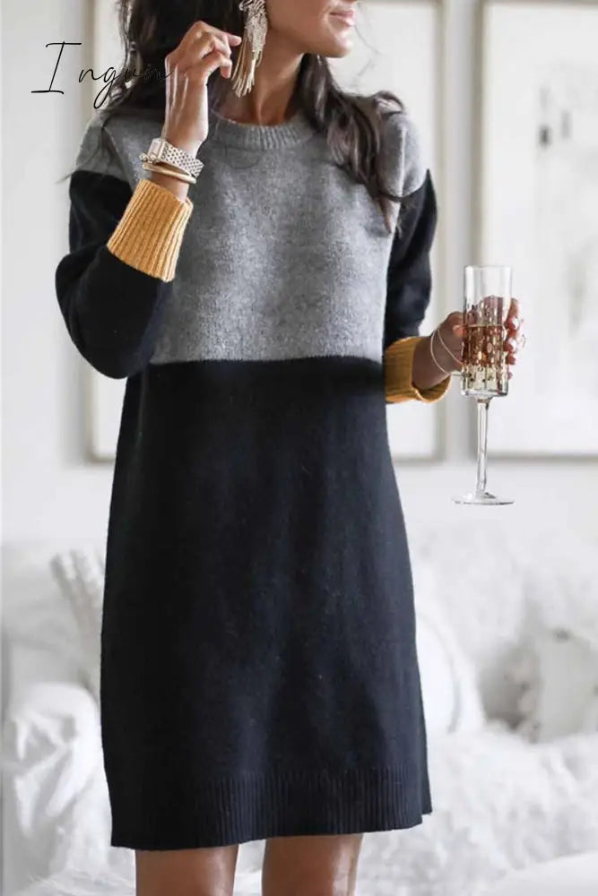 Ingvn - Loose Round Neck Paneled Mini Dress(5 Colors)