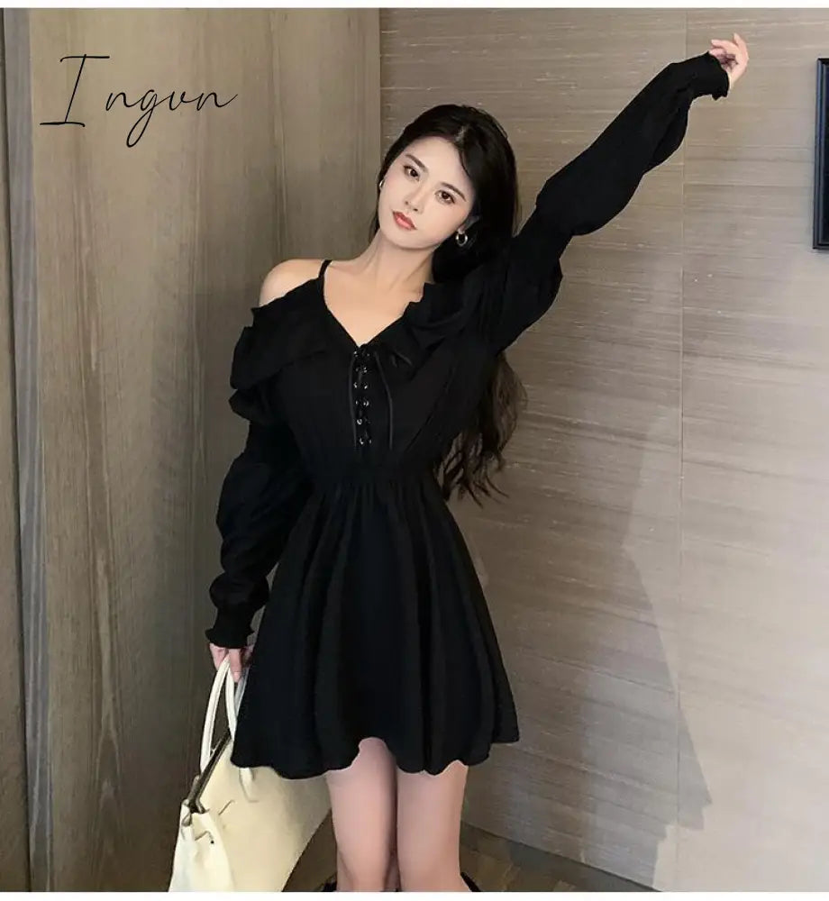 Ingvn - Gothic Black Dress Women Casual Button Lace Evening Party Sexy Mini Dress Female Long Sleeve One-piece Dress Korean Autumn