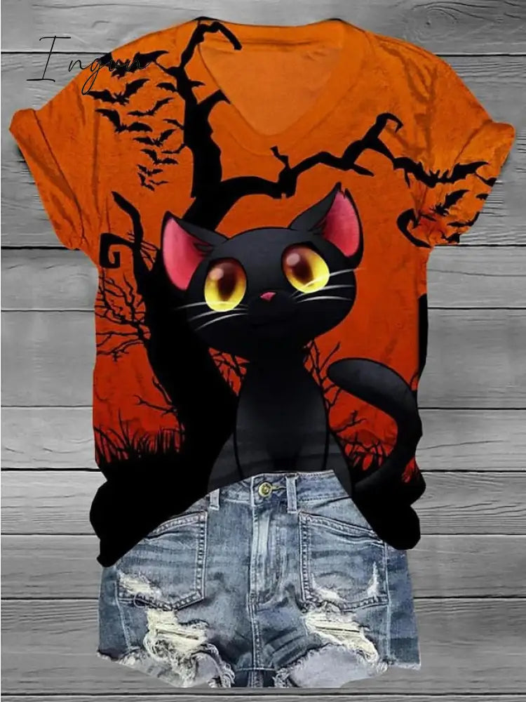 Ingvn - Women's T shirt Tee Halloween Shirt Black Yellow Pink Graphic Floral Print Short Sleeve Halloween Weekend Basic V Neck Regular Fit Floral Painting