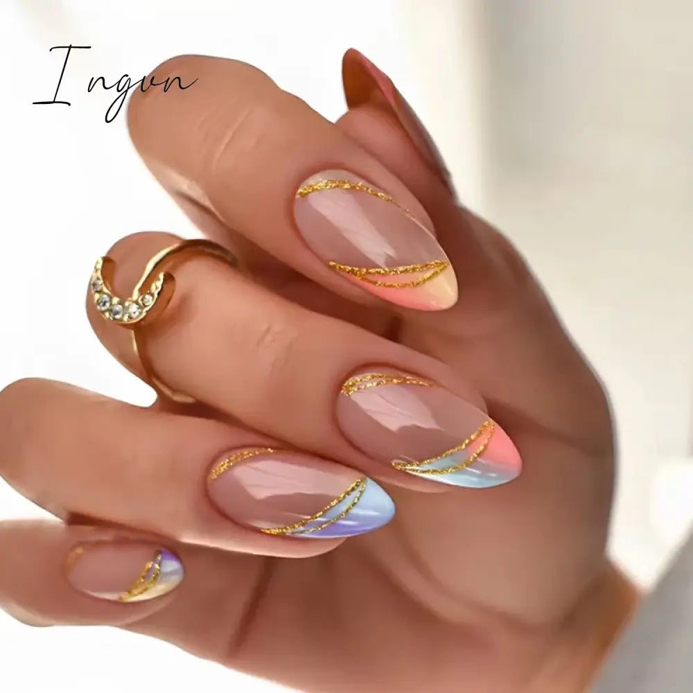 24Pcs Cute Oval False Nails Reusable And Adhesives Aesthetic False Almond Nails Complete Nail Kit Acrylic Press On Set For Gel