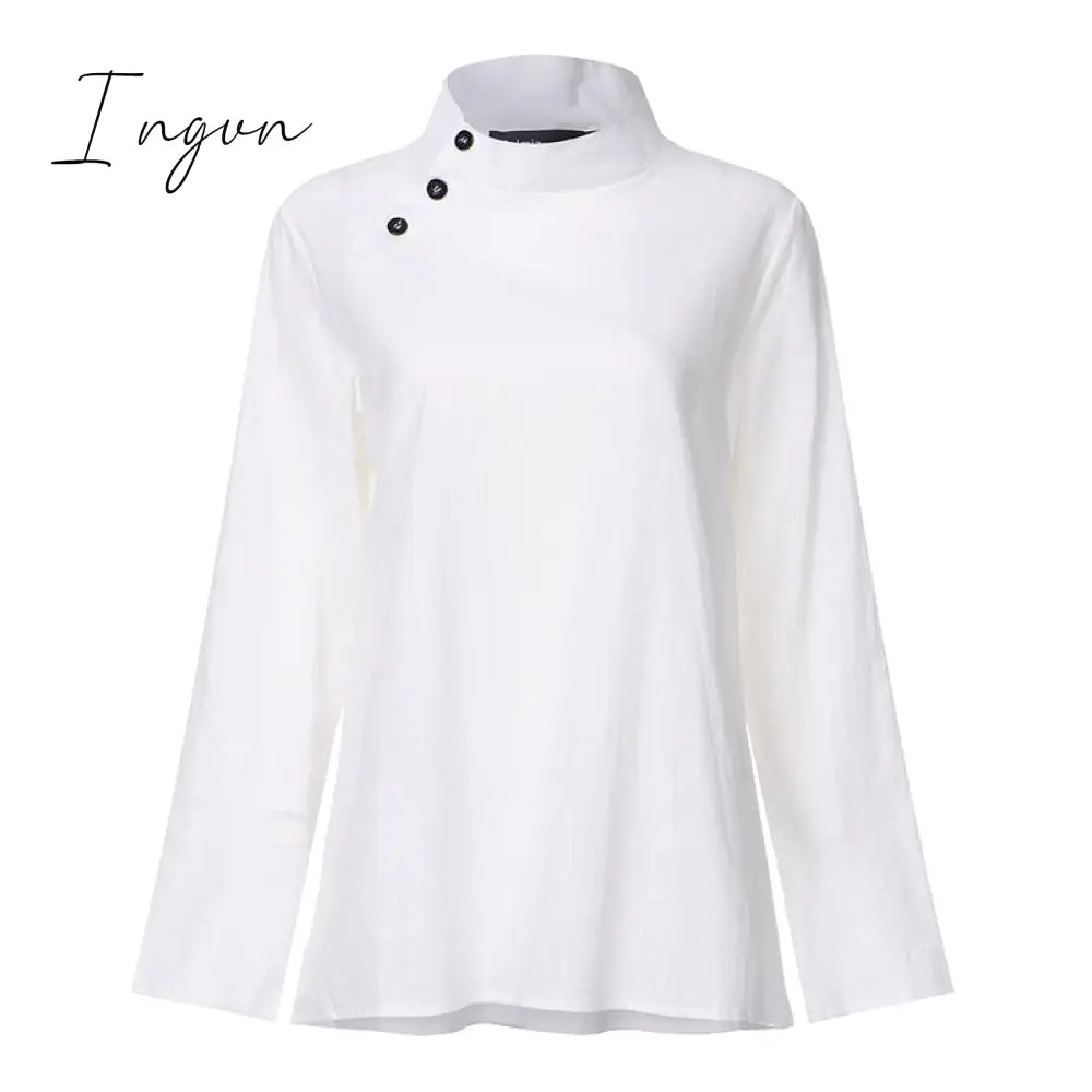 Ingvn - New Stylish Tunic Tops Plus Size Women Short Sleeve Summer Blouses Buttons Solid Cotton Linen Tops Casual Loose Blusas Femme
