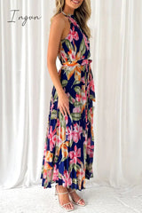 Ingvn- Vintage Elegant Floral Frenulum Halter Printed Dress Dresses