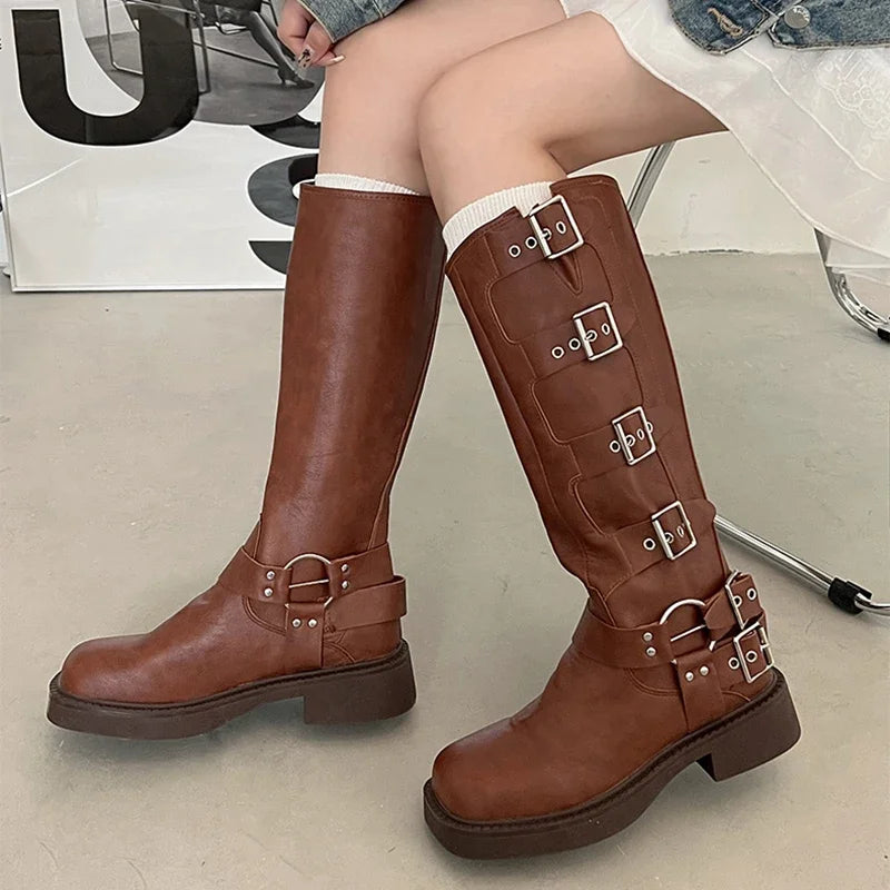Woman Boots Knee High Platform Elegant Low Heel Trend Punk Gothic New Pu Leather Fashion Women's Shoes Motorcycle Botas Footwear