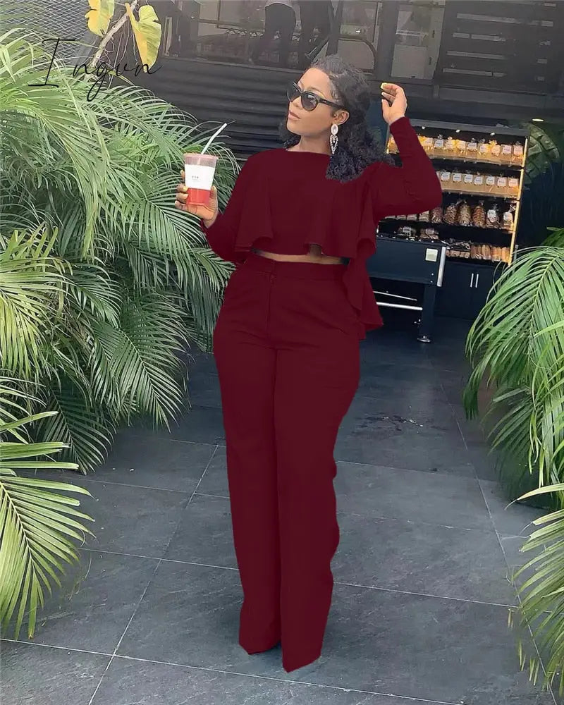 Ingvn - 2023 Elegant Work Wear Two Piece Set Fall Clothes for Women Ruffles Crop Top and Wide Leg Pants Suits Matching Sets Sexy Club Outfits