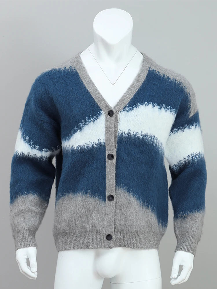 Fashion Tie Dye Cashmere Sweater Cardigan Man Long Sleeve Single Breasted Knitted Jacket Autumn Thicken Warm Woolen Coat