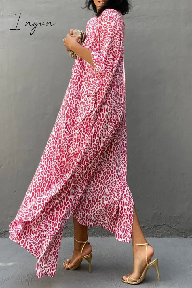 Ingvn - Vintage Vacation Print Leopard Slit Swimwears Cover Up