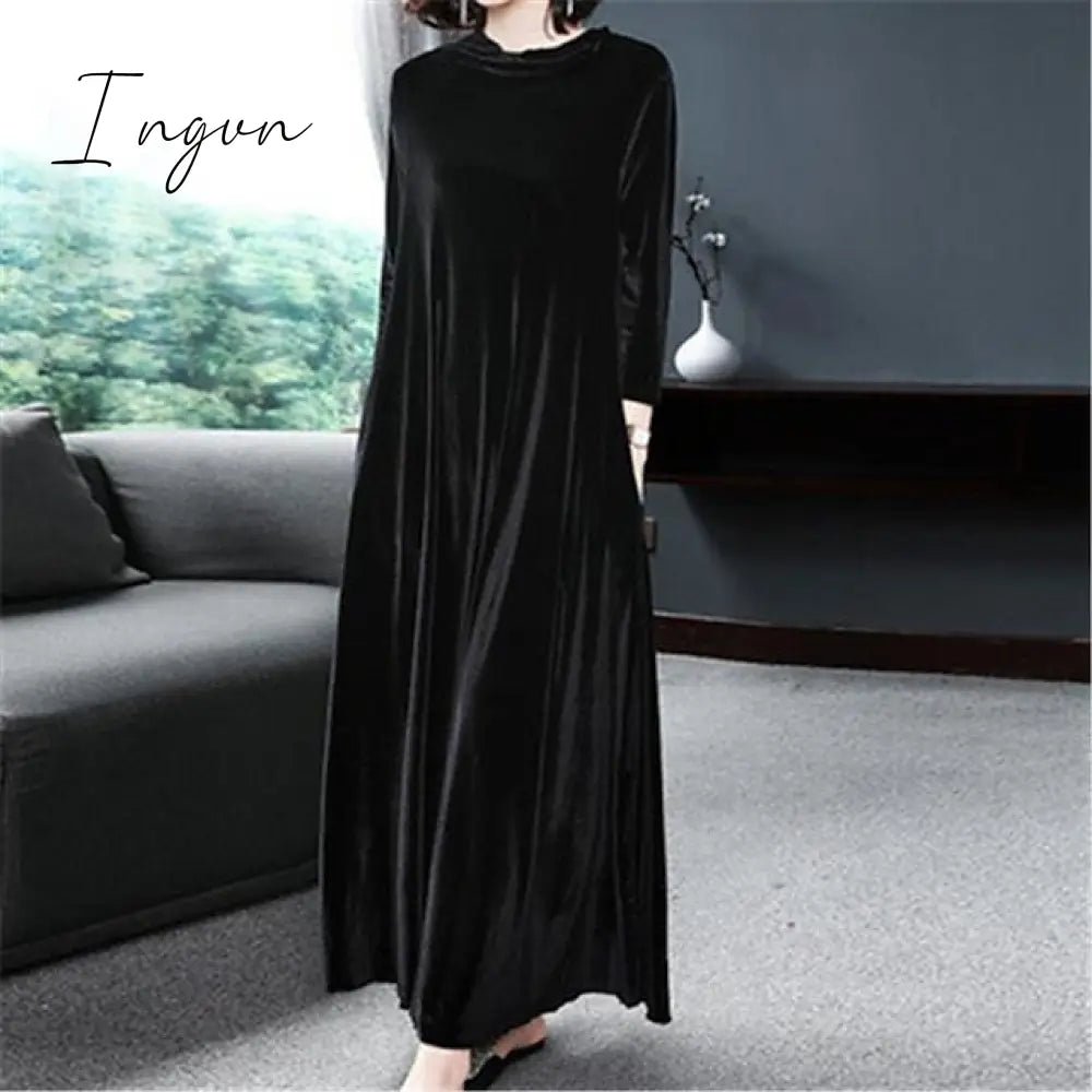 Ingvn - Women‘s Velvet Dress Shift Dress Caftan Dress Long Dress Maxi Dress Green Black Purple Long Sleeve Pure Color Pocket Winter Fall Spring Crew Neck Mature Winter Dress Daily Vacation 2023