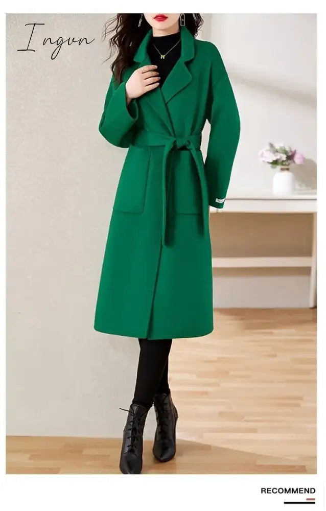 Ingvn - Women Elegant Retro Wool Coat with Belt Winter Warm Overcoat Outwear Plus Size Female Korean High Quality Green Blends Coat