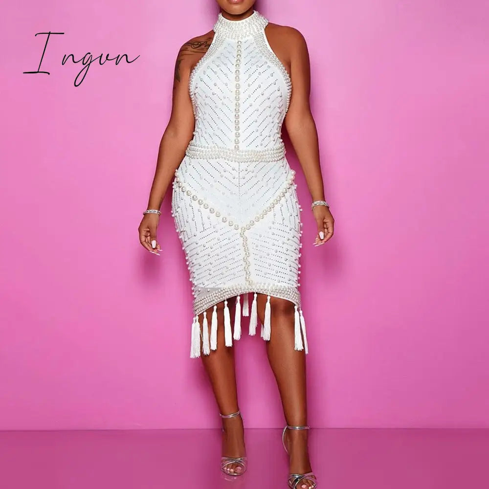 Ingvn - Beading White Plus Size Bodycon Dress 5xl Sexy Party Dinner Club Midi Dresses Elegant Split Female Evening Vestidos Summer