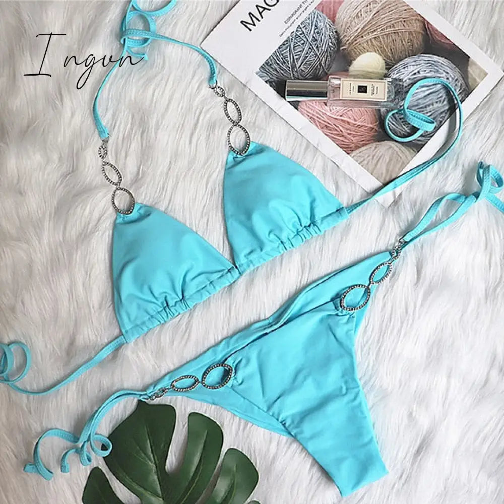Ingvn - New Shiny Crystal Diamond Bikini Women Halter Bandage Swimsuit Female Swimwear Rhinestone Bikini set Brazilian Bathing Suit
