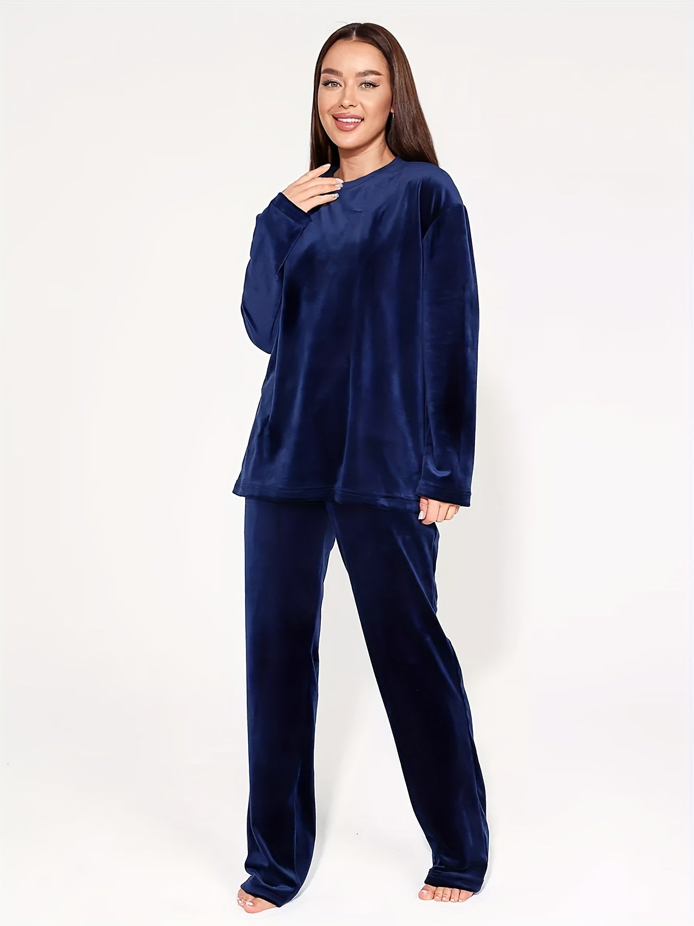 Plus Size 2 Piece Set Women's Elegant Lounge Set, Solid Warm Velvet Long Sleeve Top & Pants for Fall & Winter Home Wear