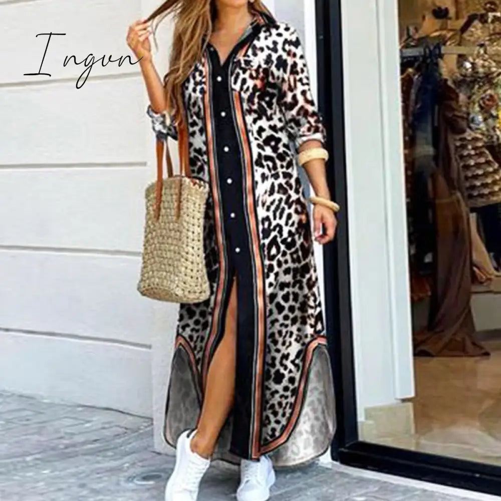 Ingvn - Fashion Women Long Sleeve Shirt Dress Autumn  Printed OL Long Dresses Laides Turn-down Collar Loose Sundress Party Dresses