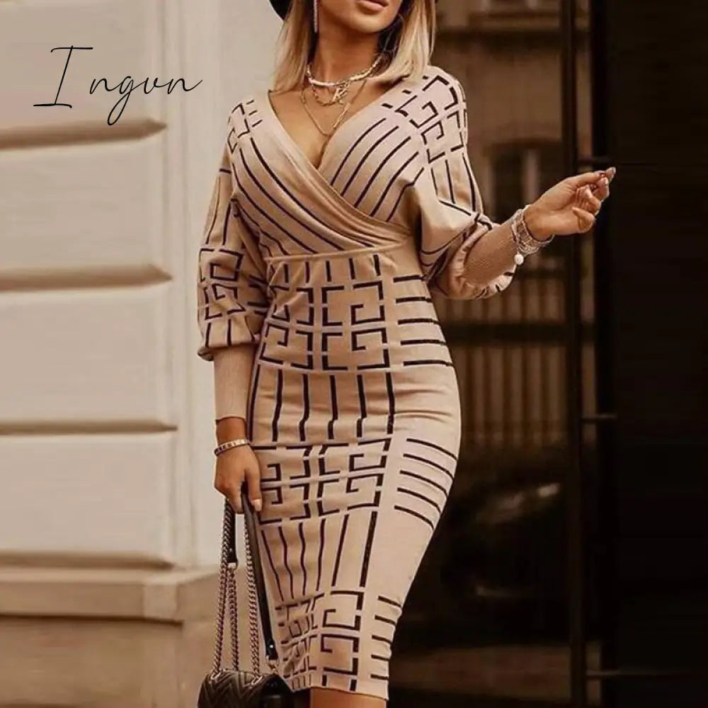 Ingvn - Women Deep V-Neck Striped Plaid Party Dress Long Sleeve Spring Autumn Casual Ladies Hip Dress Skinny Sweet Streetwear Vestidos