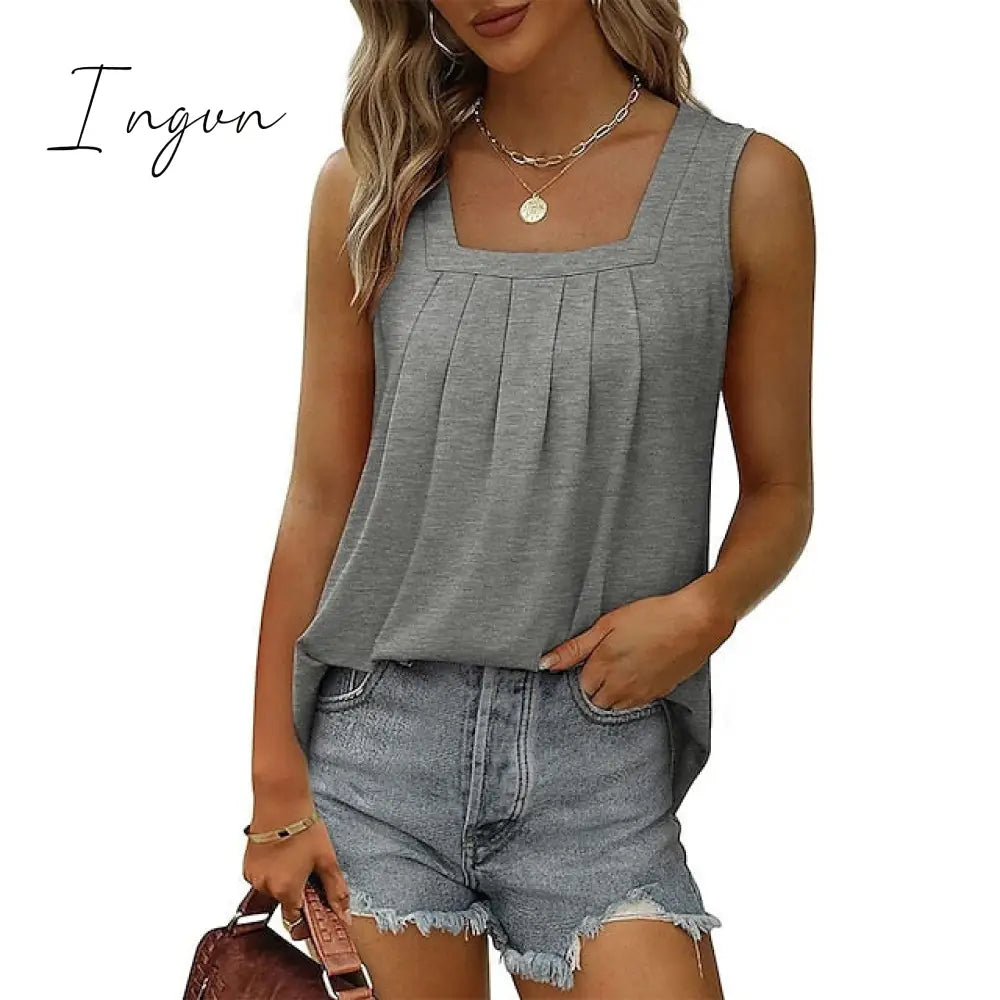Ingvn - Women's Tank Pleated Solid / Plain Color Basic Square Neck Sleeveless Summer Wine Red Black White Light Green Pink