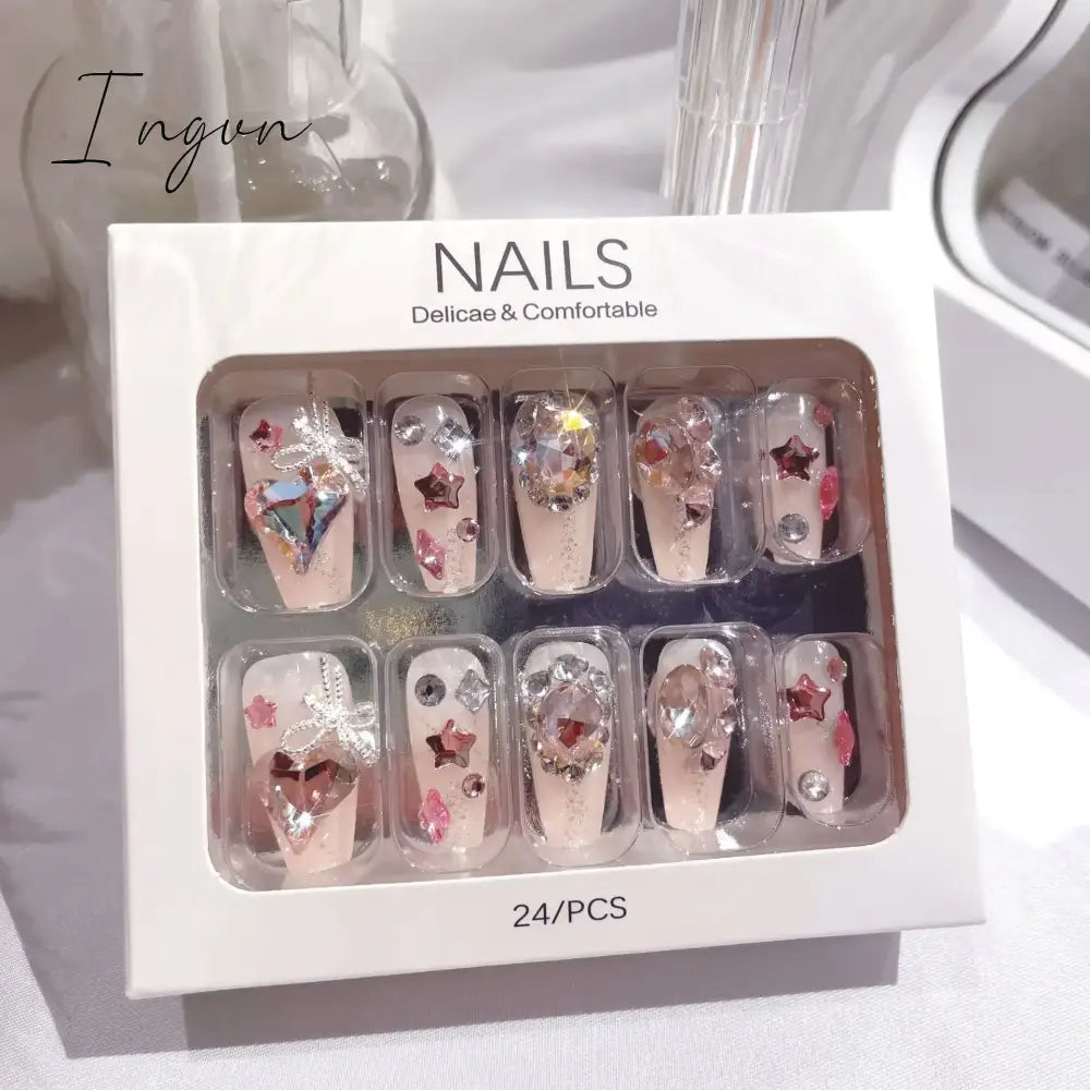 Handmade Press on Nails Long Ballet Blue Fake Nails with 3D Snowflake Moon Rhinestone Design False Nails Full Cover Nail Tips