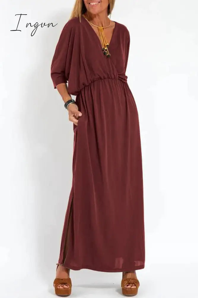 Ingvn - Casual Simplicity Solid Pocket Slit V Neck A Line Dresses