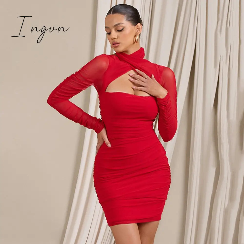 Ingvn - Mesh Ruched Backless Mini Dress Women Robe Autumn New With Zipper Halter Long Sleeve Bodycon Sexy Party Dress Vestidos