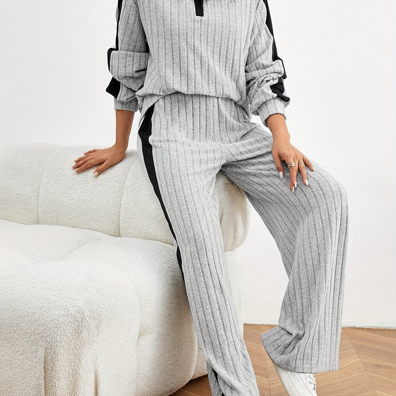 Stylish Color Block Ribbed Pantsuits - Long Sleeve Lapel Drop Shoulder Top, Wide Leg Pants, Comfortable, Relaxed Fit, Chic Outfit for Women - Perfect for Daily Wear, Casual Occasions