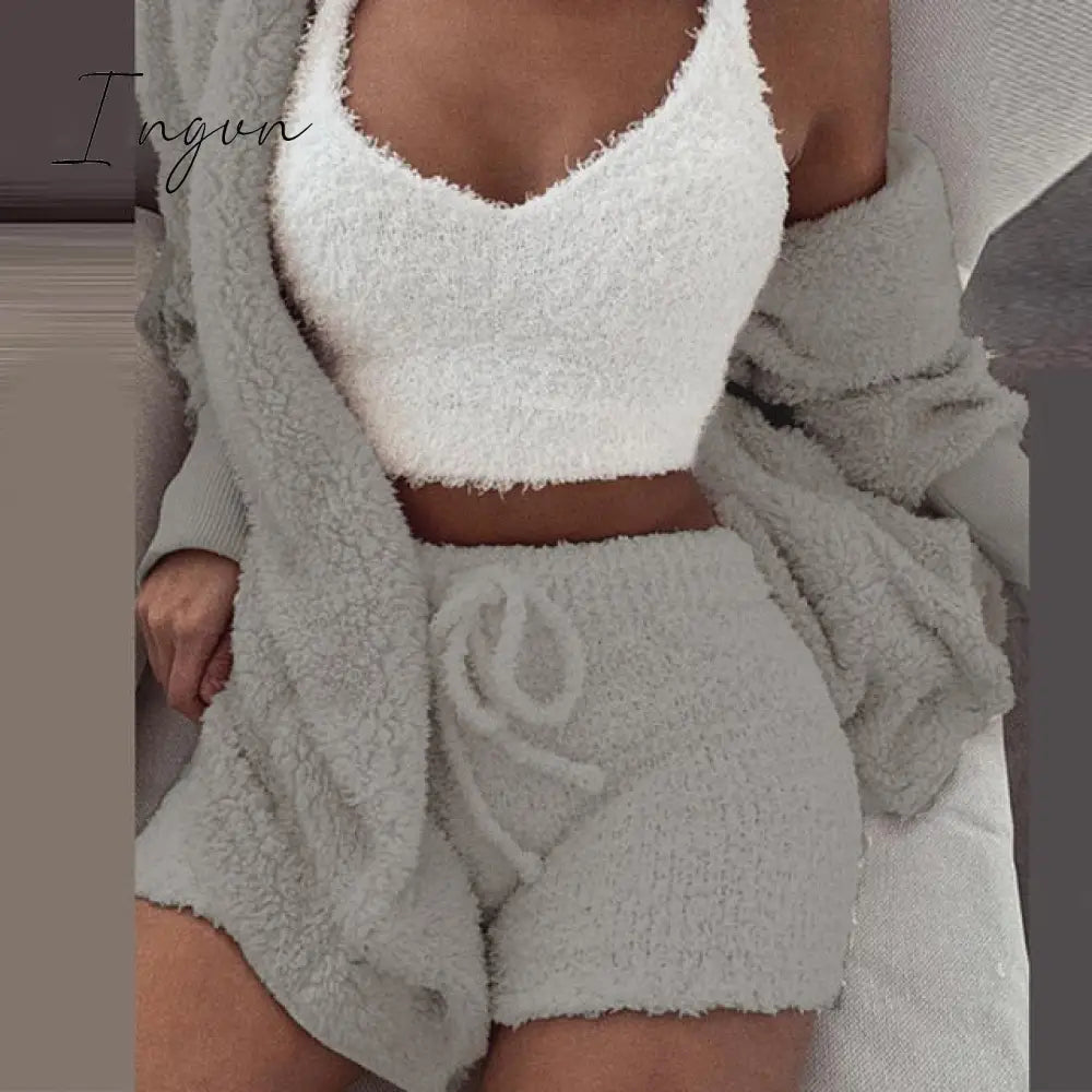 Ingvn - Three Piece Sexy Fluffy Outfits Plush Velvet Hooded Cardigan Coat+Shorts+Crop Top Women Tracksuit Sets Casual Sports Sweatshirt