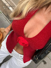 Ingvn - Flower Decoration Sexy Knit Tank Tops Women Summer New Halter V Neck Sleeveless Backless Sexy Party Club Crop Tops