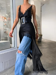 Ingvn  Women Sexy V-neck Lace Patchwork Black Dress Y2K Streetwear Fashion Spaghetti Strap Irregular Split Black Long Slip Dresses