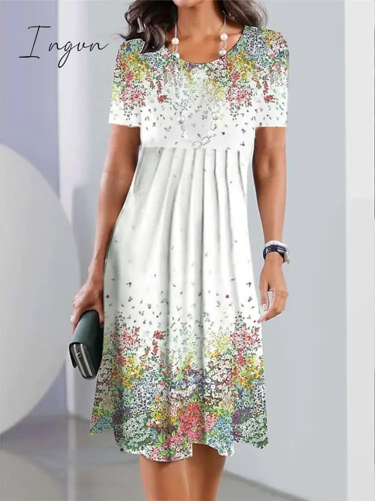 Ingvn - Women's Casual Dress Summer Dress Print Dress Floral Ombre Pocket Print Crew Neck Midi Dress Fashion Streetwear Outdoor Daily Short Sleeve Loose Fit White Light Green Navy Blue Summer Spring S M L XL