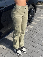 Ingvn - Khaki Cargo Pants Jeans Women High Waist Slim Fashion Streetwear ArmyGreen Big Pockets Y2k Vintage Baggy Denim Trousers Overalls