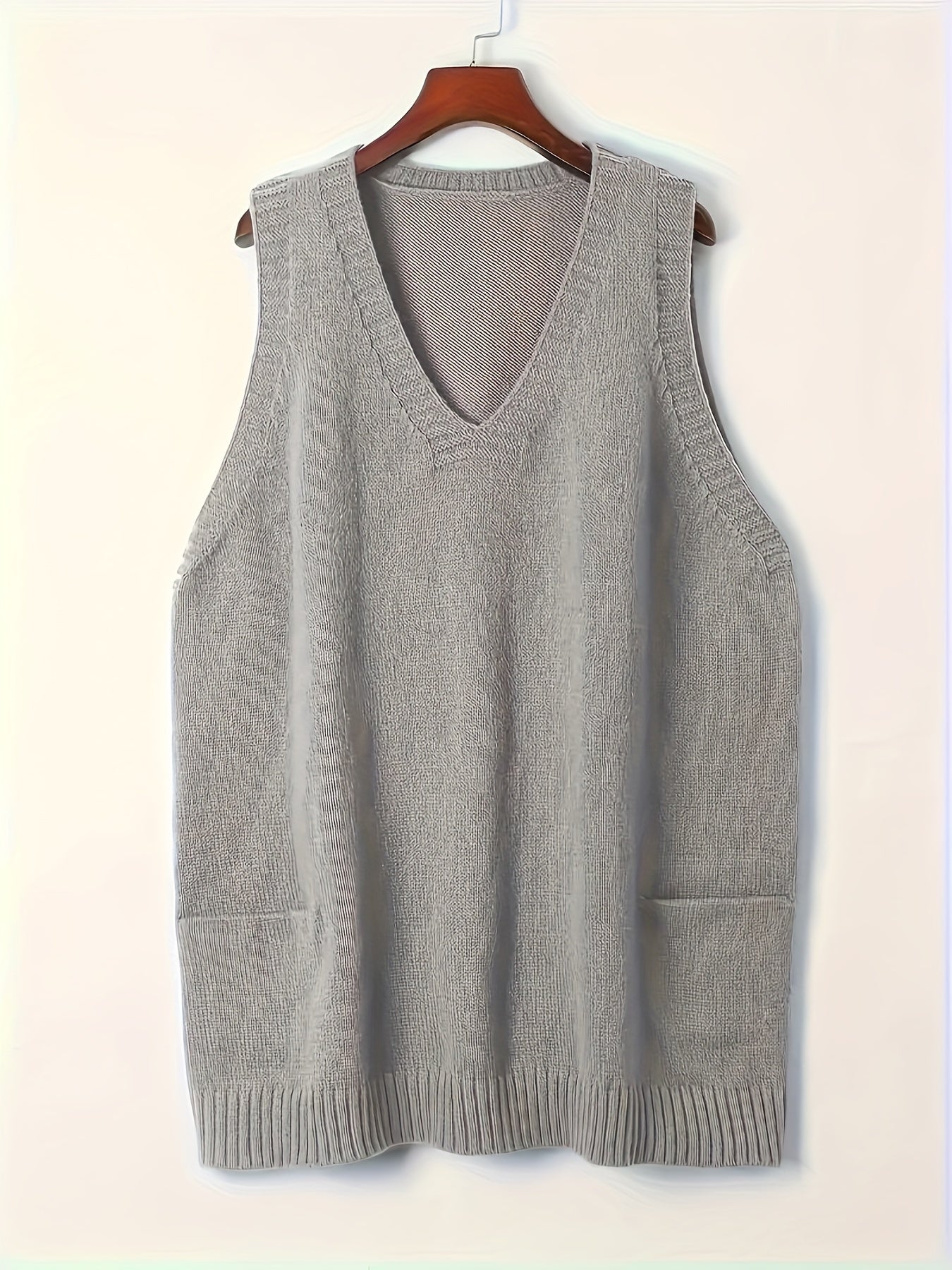 2024 Spring/Fall New Arrival V-Neck Knitted Vest with Pockets, Casual Large Size Pullover Cardigan, Solid Color, Polyester, No Bra Pad, for Casual Outings