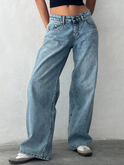 Women's Denim Pants Low Waist Wide Leg Trousers with Pockets Spring Summer Casual Loose Jeans