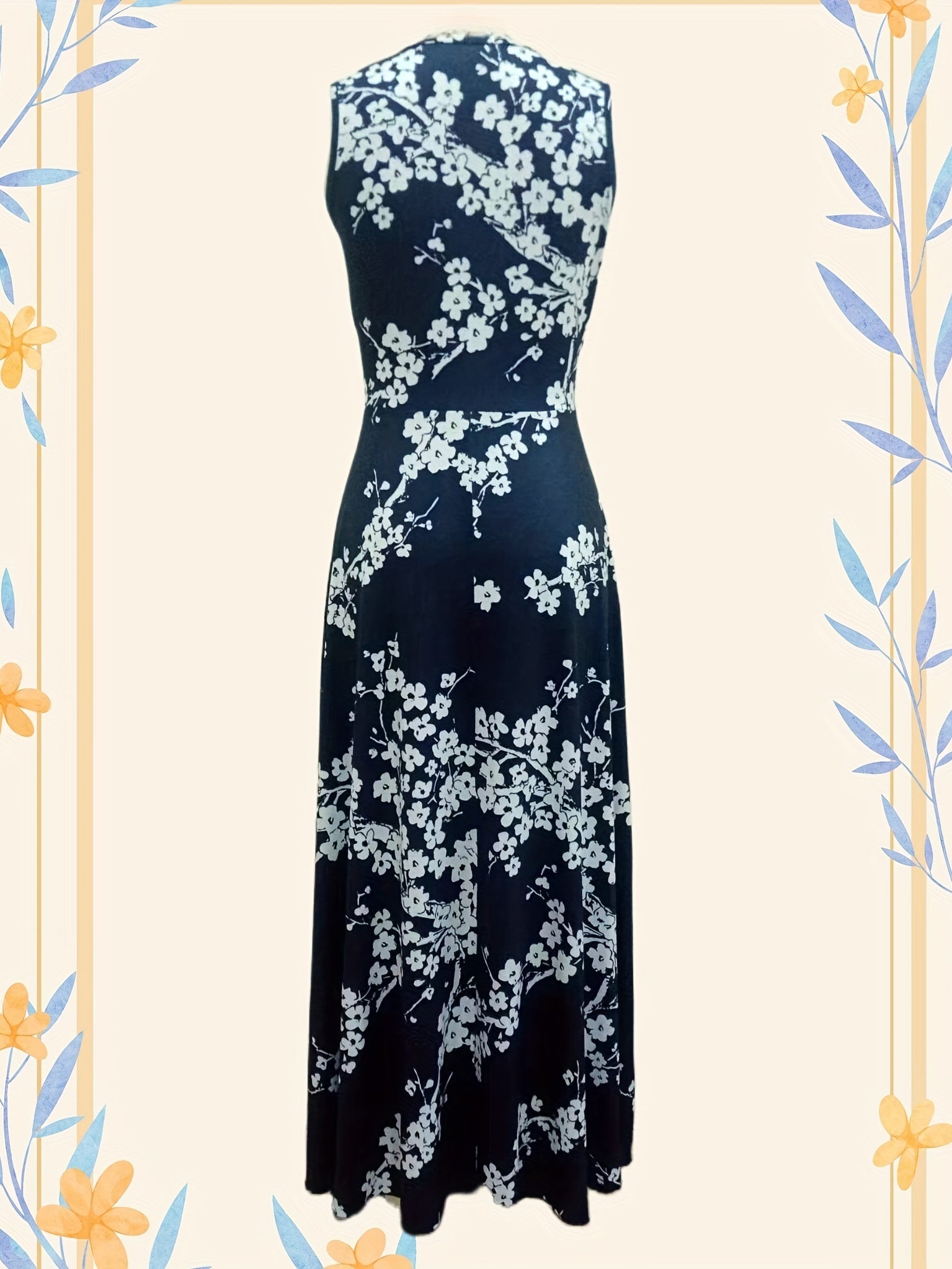 Floral Print Sleeveless Dress, Boho V Neck Simple Maxi Dress, Women's Clothing