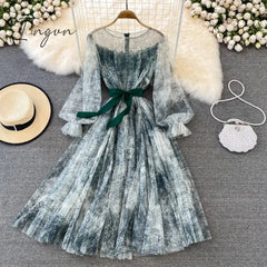 Ingvn - Sexy Mesh Printed Dress Women Spring Autumn Round Neck Puff Long Sleeve Ink Pattern A-Line Big Swing Vestidos Female New