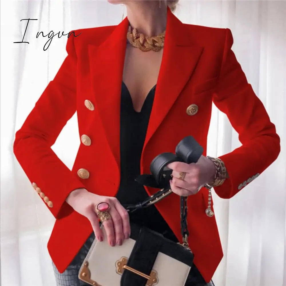 Ingvn - Winter Women Blazer Double Breasted Blazer Coat Fashion Slim long Sleeve Elegant Suit Jacket Office Women Blazer