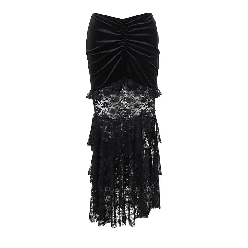 Gothic Folding Fishtail Multi-layer Splicing Split Skirt Woman Velvet High Waist Lace Patchwork Punk Mermaid Skirts