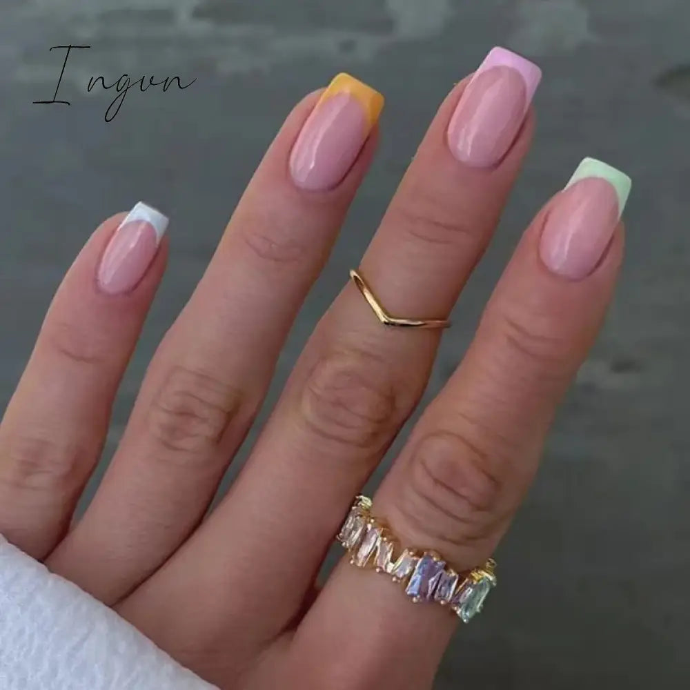 24pcs Mid-length Simple Smudged False Nails Wearable French Ballerina Fake Nails Full Cover Nail Tips Set Press On Nails