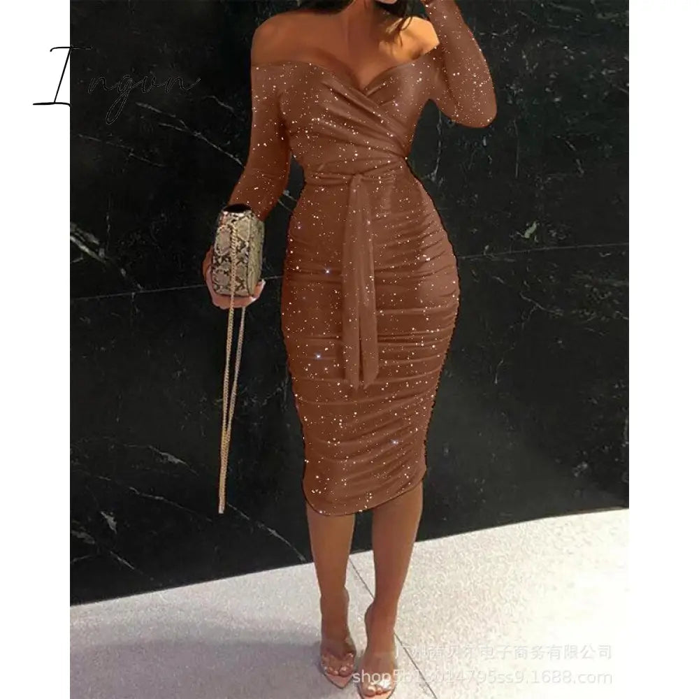 Ingvn - Women Clothing Asymmetric Collar High Waist Robe Slit Dress Chic Solid Short Sleeve Elegant Fashion Prom Banquet Dress New