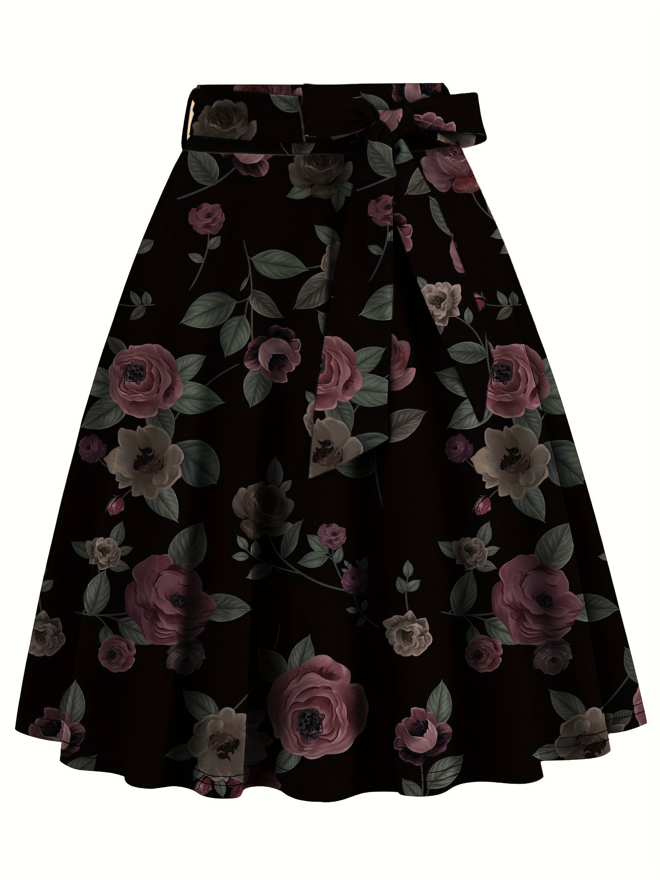 Floral Print High Waist Skirt, Elegant Belted Flared Midi Skirt, Women's Clothing